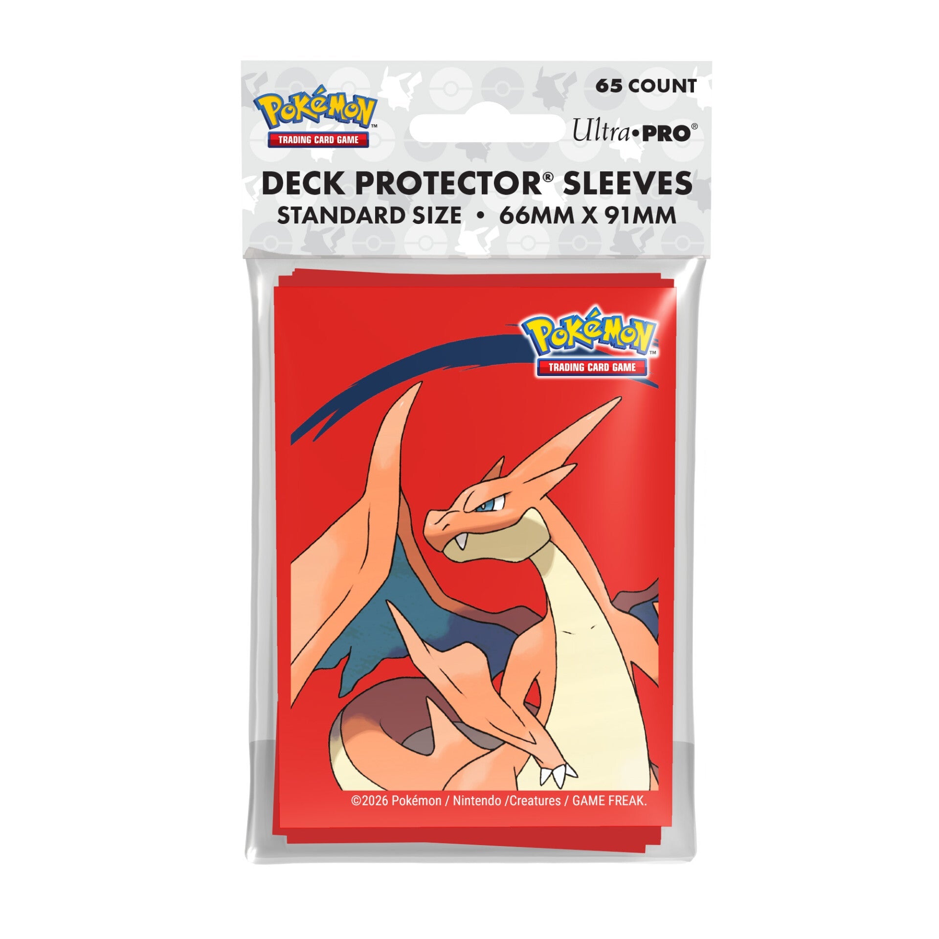 Ultra Pro Deck Protector Sleeves: Pokémon - Mega Charizard Y (PREORDER) - Pack of 65 Ultra Pro standard size card sleeves featuring red Mega Charizard Y artwork with blue-winged dragon design.