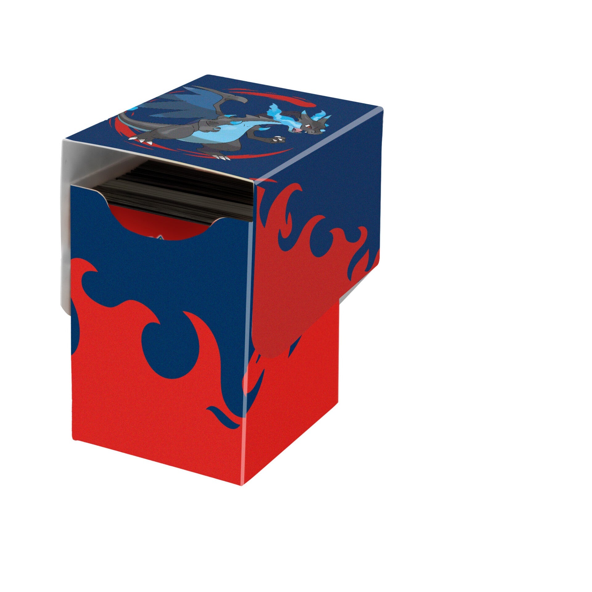 Ultra Pro Deck Box: Pokémon - Mega Charizard X (PREORDER) - Blue and red rectangular deck box with Mega Charizard X artwork and flame designs.