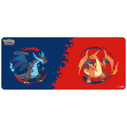 Ultra Pro 6-Foot Table Mat: Pokémon - Mega Charizard X and Y (PREORDER) - Rectangular playmat with blue and red halves featuring Mega Charizard X and Mega Charizard Y illustrations.