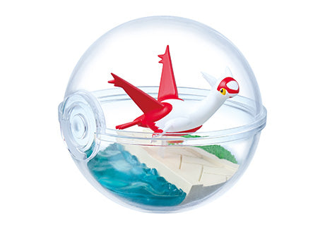 Re-Ment Pokémon Terrarium Collecion 13 Series Blind Box - Individual - Clear plastic sphere terrarium with a red and white bird Pokémon figure over beige and blue landscape inside.