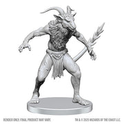 D&D Nolzur's Marvelous Miniatures: Bulezau & Quasit (PREORDER) - Gray unpainted fantasy miniature of a muscular, horned creature holding a jagged spear on round base.