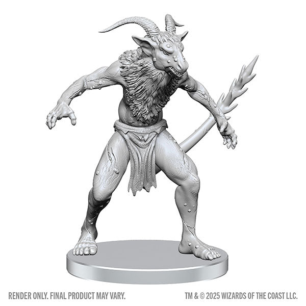 D&D Nolzur's Marvelous Miniatures: Bulezau & Quasit (PREORDER) - Gray unpainted fantasy miniature of a muscular, horned creature holding a jagged spear on round base.
