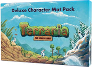 Terraria: The Board Game Deluxe Player Mat Pack (PREORDER) - Terraria board game deluxe player mat pack box with colorful fantasy landscape art and logo on blue background.