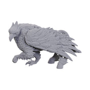 D&D Nolzur's Marvelous Miniatures: Hippogriff - Unpainted grey plastic miniature of a hippogriff with detailed feathers, bird head, and horse hind legs in a crouching pose.