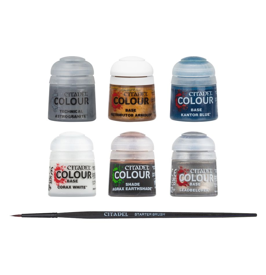 Warhammer Age of Sigmar - Stormcast Eternals Paints Set - Six small paint pots in gray, white, blue, red, green, and brown hues arranged in two rows with a thin black paintbrush.