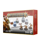 Warhammer Age of Sigmar - Stormcast Eternals Paints Set - Warhammer Age of Sigmar Stormcast Eternals paint set with three paint pots and three painted miniature figures on a red and.