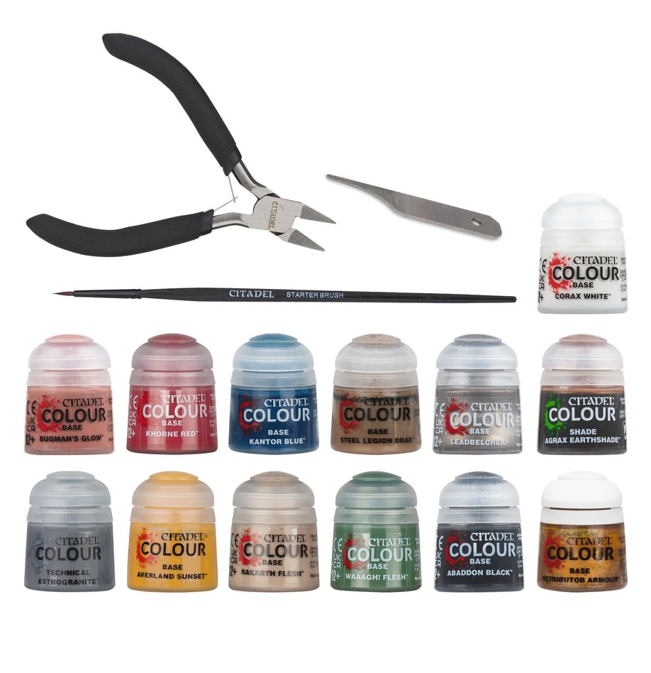 Warhammer Age of Sigmar - Paints + Tools Set - Set of 12 small paint pots in varied colors with black-handled pliers and metal sculpting tool for miniature painting.