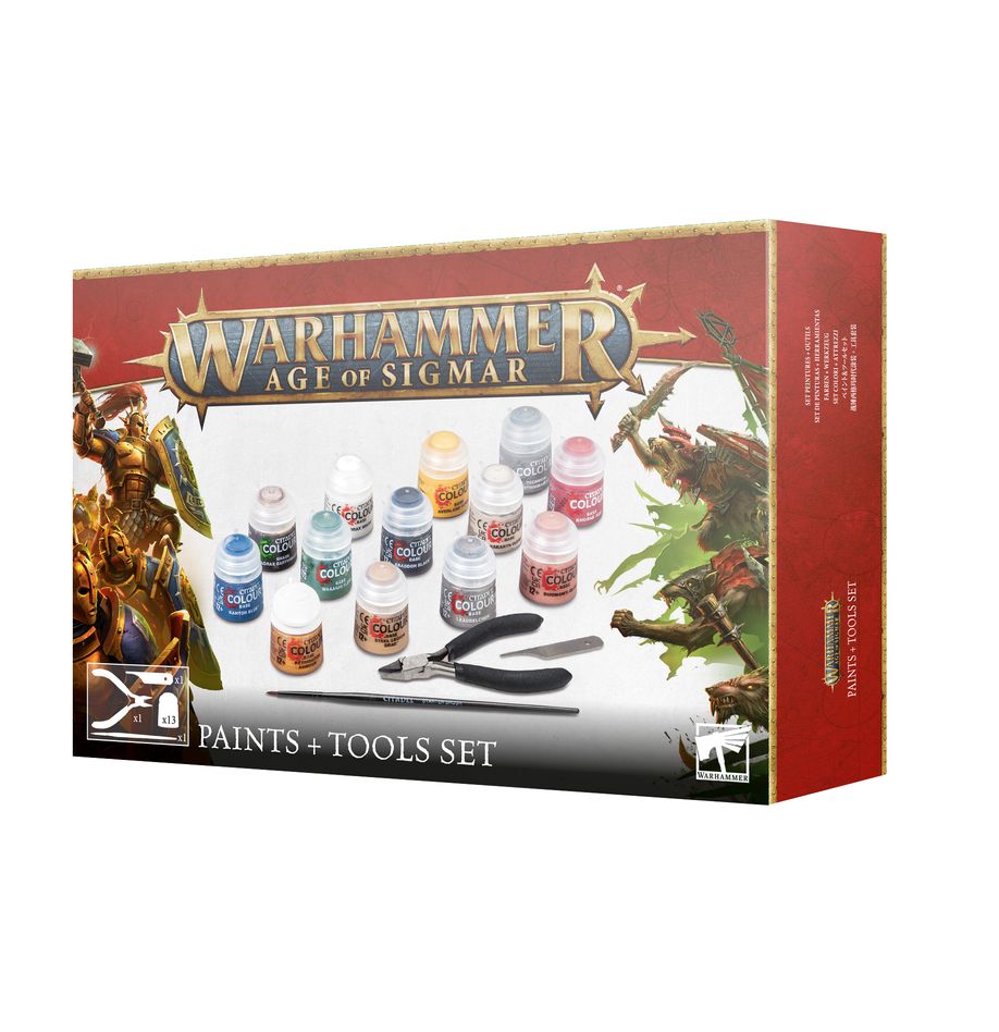 Warhammer Age of Sigmar - Paints + Tools Set - Warhammer Age of Sigmar paint set with 12 small paint pots in various colors, two black paintbrushes, and a sculpting tool.
