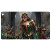 MTG Playmat - Tarkir: Dragonstorm - Emergent Ultimatum - MTG playmat featuring a fierce red-haired warrior in ornate green and gold armor holding a weapon, flanked by two smaller.
