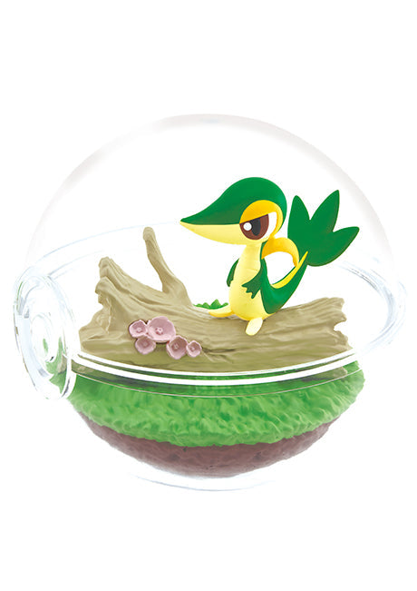 Re-Ment Pokémon Terrarium Collecion 12 Series Blind Box - Individual - Clear plastic sphere terrarium with green grass base, brown log, pink flowers, and Snivy Pokémon figurine inside.