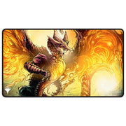 MTG Playmat - Tarkir: Dragonstorm - Betor, Kin to All - Black Stitched - Rectangular gaming playmat with fiery orange and yellow dragon artwork, black stitched edges.