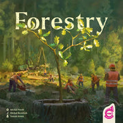 Forestry - Strategy board game box cover featuring a young tree sapling growing from a tree stump with lumberjacks working in a forest.
