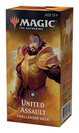 Challenger Deck 2019: United Assault - Tall rectangular box with golden armored warrior artwork, Magic The Gathering logo, and "United Assault Challenger Deck".