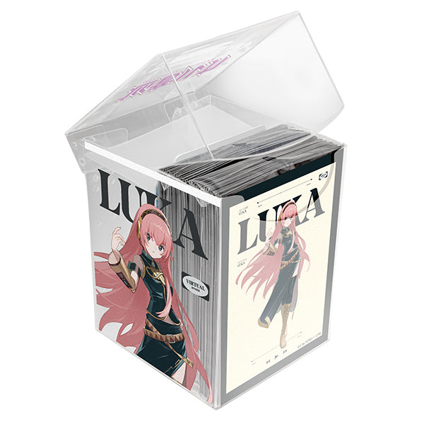 Deck Protectors in Clear Box: Hatsune Miku Retro Soundscapes - Luka (PREORDER) - Clear plastic deck box with Hatsune Miku-themed card sleeves featuring pink-haired Luka in black outfit and retro soundscape