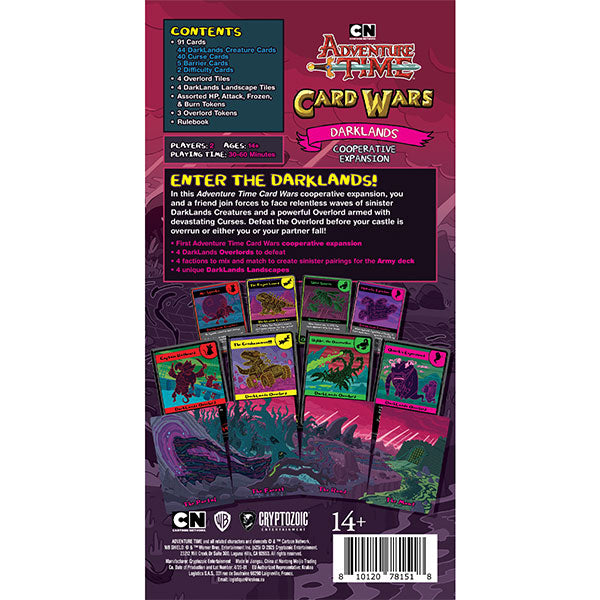 Adventure Time Card Wars: DarkLands Cooperative Expansion (PREORDER) - Adventure Time Card Wars DarkLands Cooperative Expansion box back with colorful card illustrations and text on dark purple.