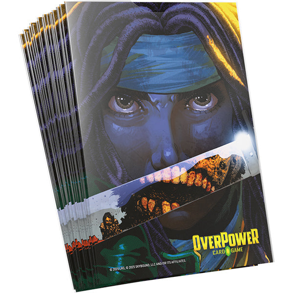 OverPower CCG Sleeves: The Walking Dead - Michonne (PREORDER) - Card sleeves featuring intense close-up of Michonne from The Walking Dead with dark blue and black tones and OverPower logo.