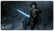 Ultra Pro Playmat - Lord of the Rings Tales of Middle Earth - Frodo - Dark-themed playmat featuring Frodo from Lord of the Rings holding a glowing sword with a determined expression.