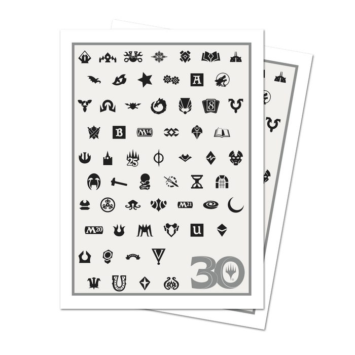 Deck Protector: Apex: Magic the Gathering: 30th Anniversary - White deck protector sleeves featuring black Magic the Gathering set symbols and a silver "30" in the bottom right corner.