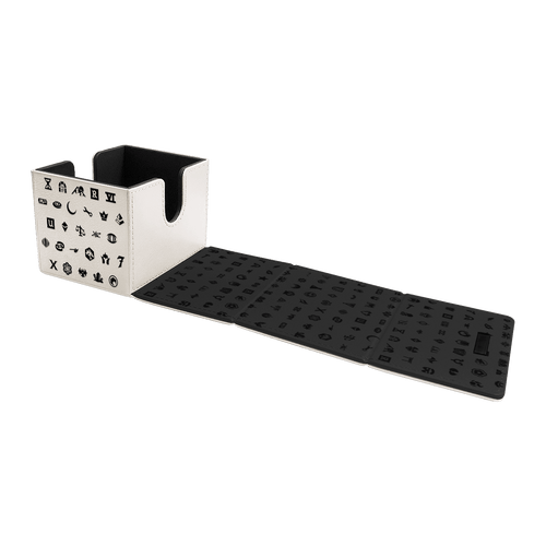 Deck Box: Alcove Flip: Magic the Gathering: 30th Anniversary - Black and white rectangular deck box with alphabet and symbol patterns for Magic the Gathering 30th Anniversary cards.