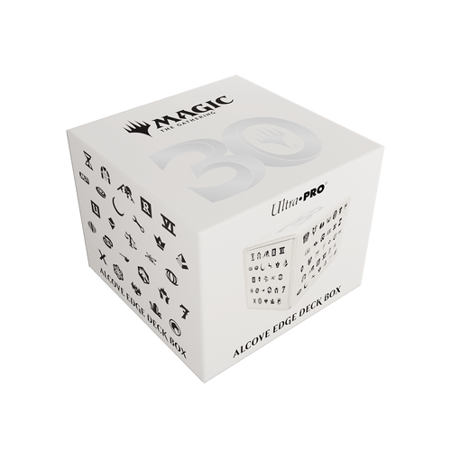 Deck Box: Alcove Flip: Magic the Gathering: 30th Anniversary - White cube-shaped deck box with black Magic the Gathering 30th Anniversary logo and various black icons on sides.