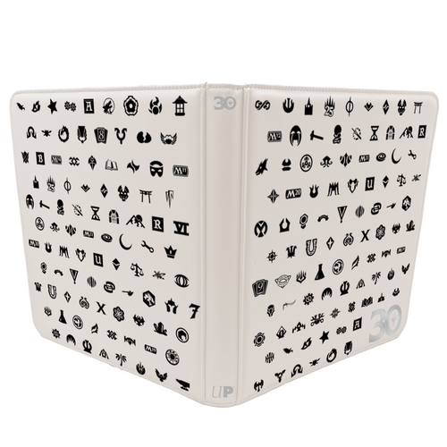 Binder: 12-Pocket: PRO: Magic the Gathering: 30th Anniversary - White binder with black Magic the Gathering symbols printed all over, 12-pocket design, 30th Anniversary edition.