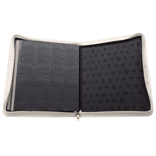 Binder: 12-Pocket: PRO: Magic the Gathering: 30th Anniversary - Gray zippered binder with 12 black plastic card sleeves and a black interior featuring subtle Magic the Gathering symbols.