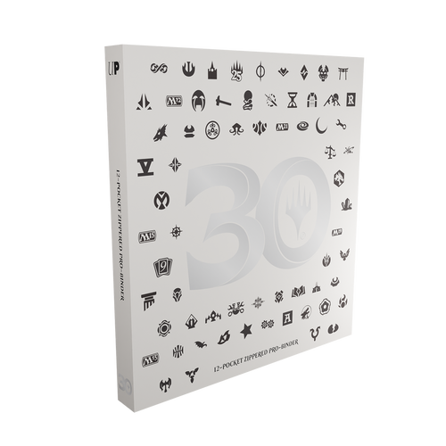 Binder: 12-Pocket: PRO: Magic the Gathering: 30th Anniversary - White binder with a large silver "30" embossed on the front, featuring black Magic the Gathering symbols arranged in a.