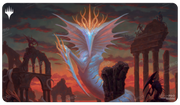 Playmat: Commander Masters: Sliver Gravemother - Gaming playmat featuring a glowing blue Sliver Gravemother creature with fiery crown amid ancient ruins under a stormy sky.