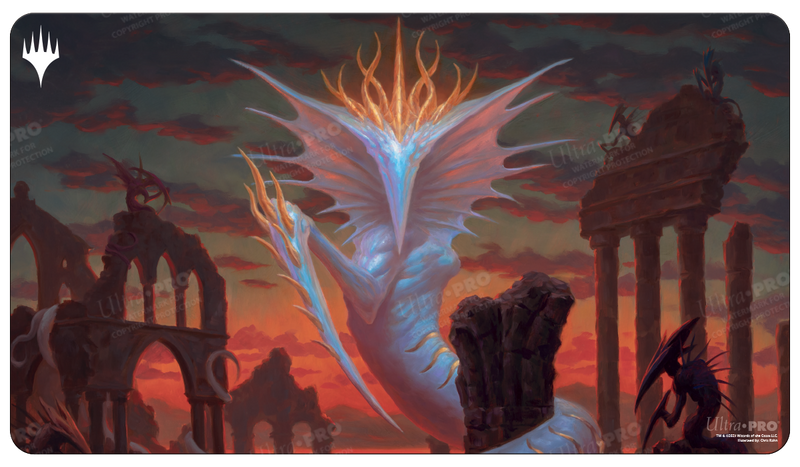 Playmat: Commander Masters: Sliver Gravemother - Gaming playmat featuring a glowing blue Sliver Gravemother creature with fiery crown amid ancient ruins under a stormy sky.