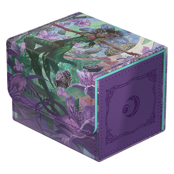 Ultimate Guard Sidewinder 100+ Xenoskin Deckcase: Lorwyn Eclipsed - Mornsong Aria - Purple and green fabric deck case with floral and vine patterns, reinforced edges, and decorative swirled emblem on the side