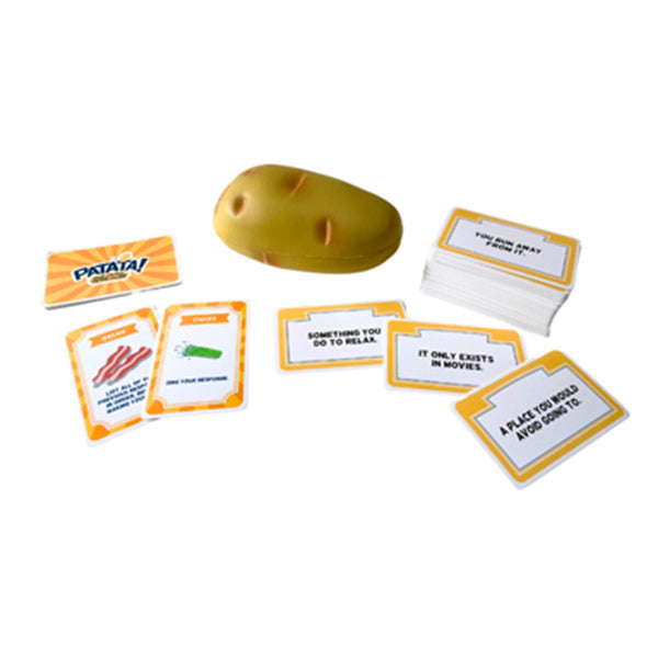 Patata! Family - Plastic potato-shaped yellow game piece with multiple white and orange question cards for a family game.