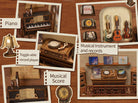 The Secret Rhythm Book Nook (PREORDER) - Miniature wooden book nook featuring detailed shelves with tiny violins, records, a piano, and a record player, evoking a.