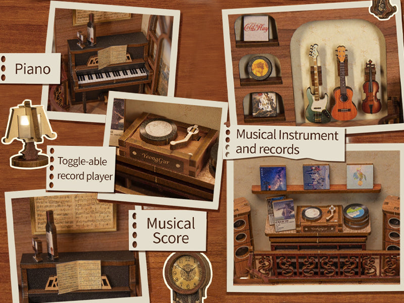 The Secret Rhythm Book Nook (PREORDER) - Miniature wooden book nook featuring detailed shelves with tiny violins, records, a piano, and a record player, evoking a.