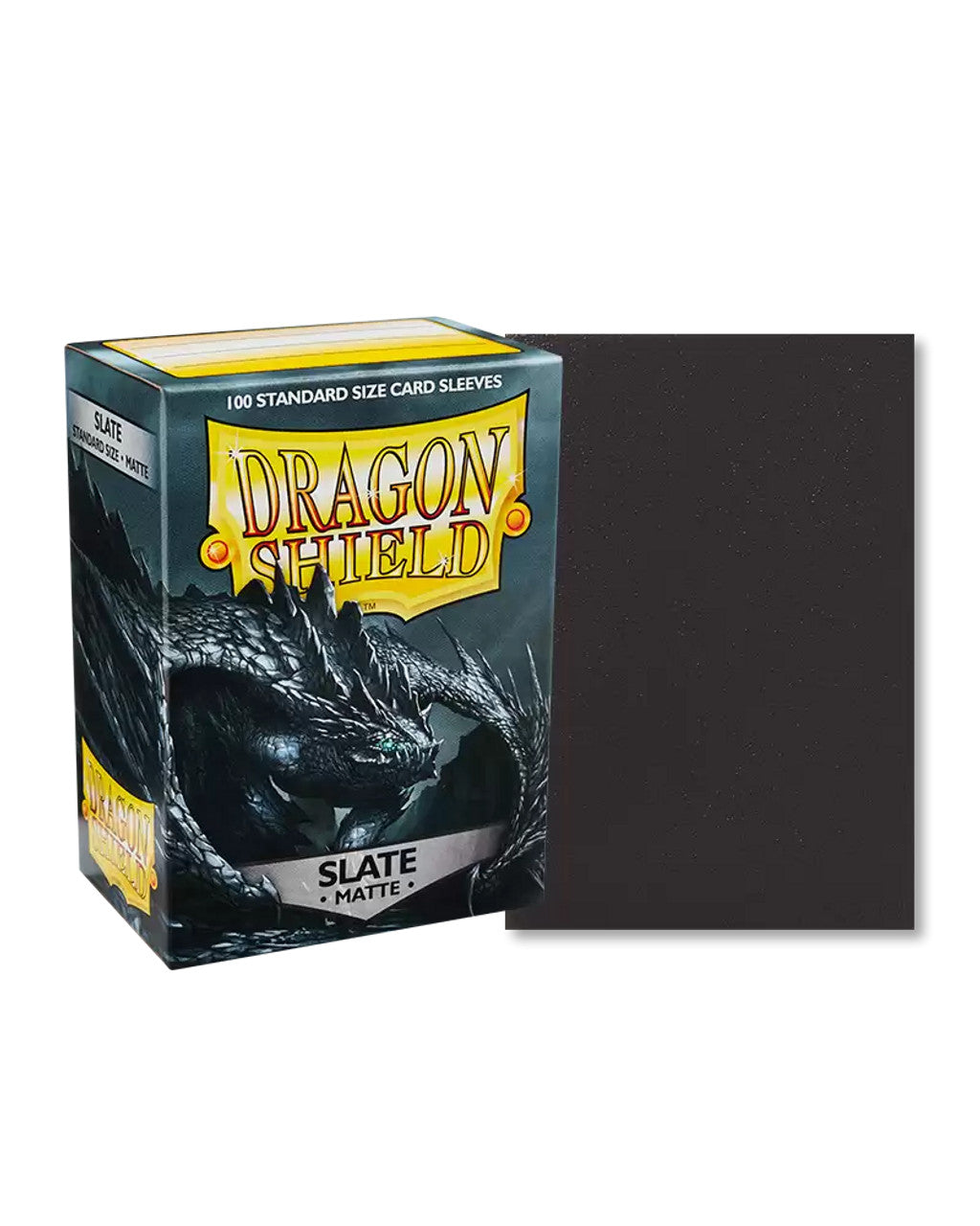 Dragon Shield 100ct Box - Matte Slate - Box of Dragon Shield Matte Slate card sleeves with one example sleeve shown beside it.