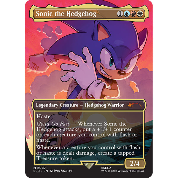 MTG: Secret Lair X Sonic- Friends and Foes, Nonfoil - Magic The Gathering card featuring Sonic the Hedgehog with purple and red hues, yellow border, labeled Legendary Creature,.