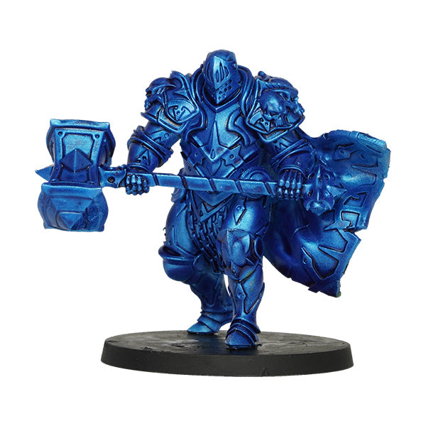 Vallejo True Metallic Metal Shade: Sapphire Blue (18ml) - Metallic sapphire blue painted miniature knight with detailed armor and large hammer on round base.