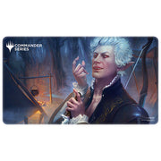 Playmat: MTG Stitched- Astarion, the Decadent - Rectangular gaming playmat featuring a pale-skinned, white-haired male character in dark, ornate clothing with a confident.