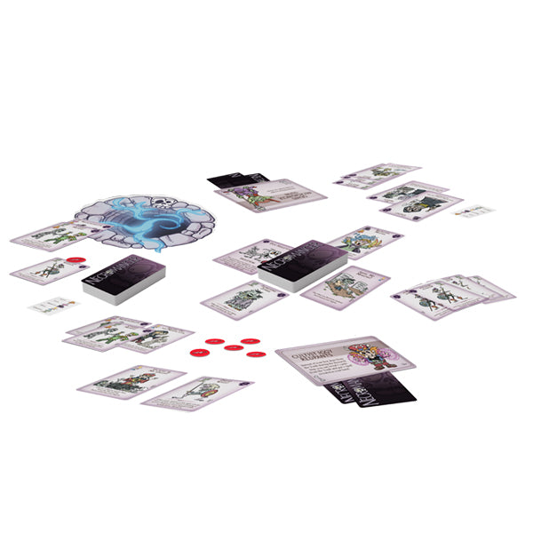 Necromancer - Board game setup with illustrated cards featuring fantasy characters, a circular game board, and red circular tokens on a.