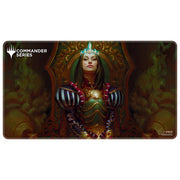 Playmat: MTG Stitched- Queen Marchesa - Rectangular gaming playmat featuring a regal armored queen with a glowing crown, dark green and gold tones.