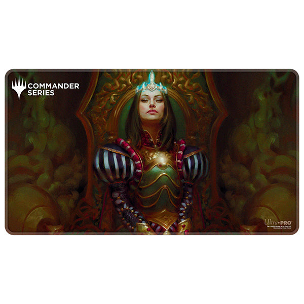 Playmat: MTG Stitched- Queen Marchesa - Rectangular gaming playmat featuring a regal armored queen with a glowing crown, dark green and gold tones.