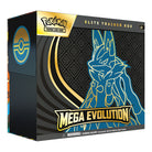 Pokémon TCG: Mega Evolution - Mega Lucario ex Elite Trainer - Black and gold Pokémon TCG Elite Trainer Box featuring blue and gold outline of Mega Lucario with geometric background.