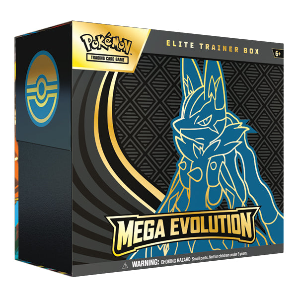 Pokémon TCG: Mega Evolution - Mega Lucario ex Elite Trainer - Black and gold Pokémon TCG Elite Trainer Box featuring blue and gold outline of Mega Lucario with geometric background.