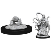 D&D Nolzur's Marvelous Miniatures: Alhoon & Intellect Devourers - Unpainted resin miniature of a brain-faced Alhoon with clawed hands, next to a robed figure with floating tentacles, both on