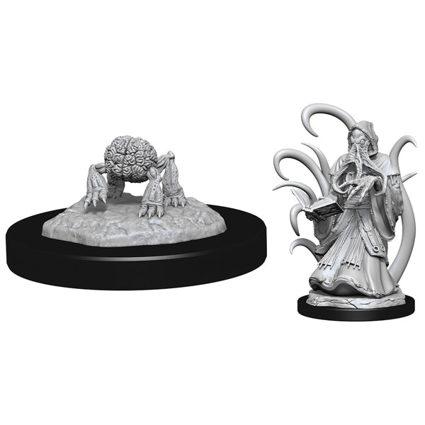 D&D Nolzur's Marvelous Miniatures: Alhoon & Intellect Devourers - Unpainted resin miniature of a brain-faced Alhoon with clawed hands, next to a robed figure with floating tentacles, both on