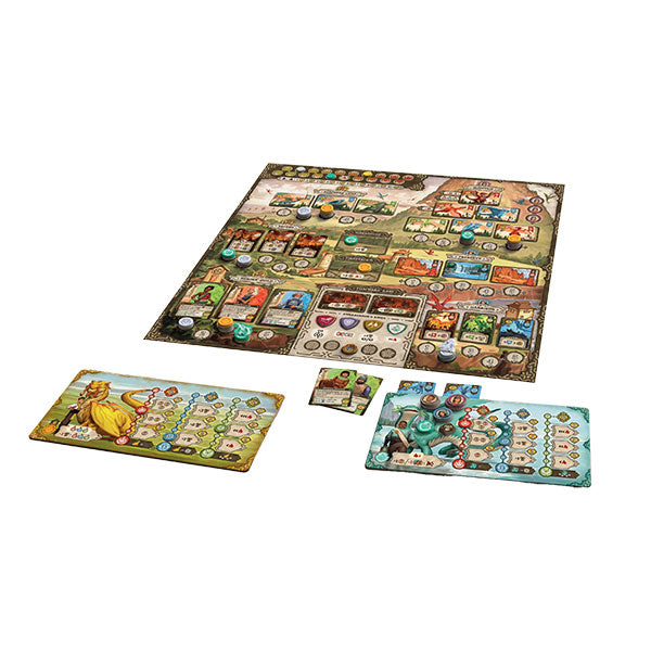Emberheart - Board game setup with a large illustrated hexagonal map board, colorful player boards featuring characters and icons, and.