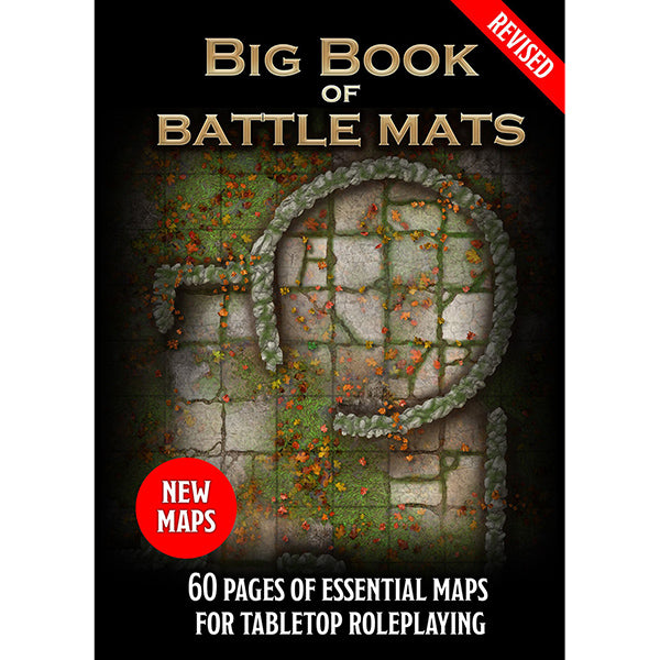 Big Book of Battle Mats, Revised (PREORDER) - Black book cover with stone dungeon battle map art and gold text, red "Revised" banner and "New Maps" badge.