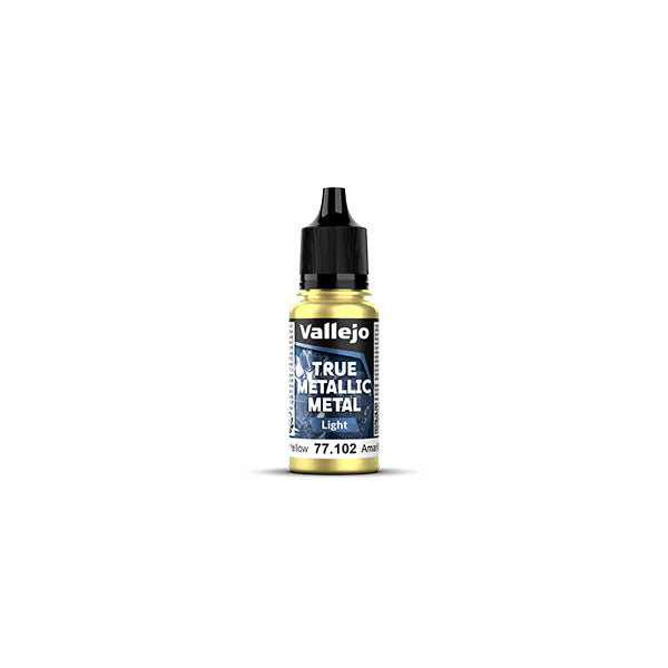 Vallejo True Metallic Metal Light: Radiant Yellow (18ml) - Small plastic bottle of Vallejo True Metallic Metal Light paint in radiant yellow with black screw cap and blue label.