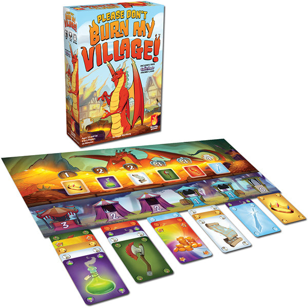 Please Don't Burn My Village - Colorful card game set with fantasy-themed illustrated cards and a vibrant illustrated box titled "Please Don't Burn My.