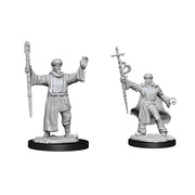D&D Nolzur's Marvelous Minis: Human Wizard Male - Two unpainted gray plastic miniatures of male human wizards, one holding a detailed staff aloft with a raised hand, the.