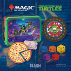 Magic the Gathering: Token Set - Teenage Mutant Ninja Turtles (PREORDER) - Rectangular metal tin featuring Teenage Mutant Ninja Turtles artwork, circular turtle power spinner, pizza slice tokens, and